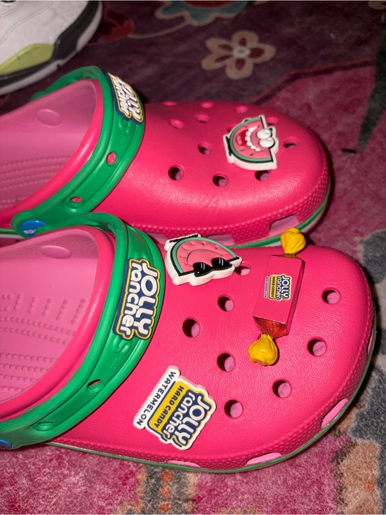 CROCS Shoes - CROCS Kids Bright Pink Clogs with Green Strap and Candy Charms